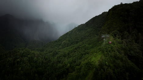 aerial view of cable car in foggy mountain forest