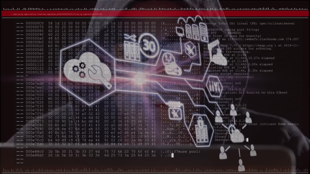 Network of digital icons over screen with data processing against male hacker using computer