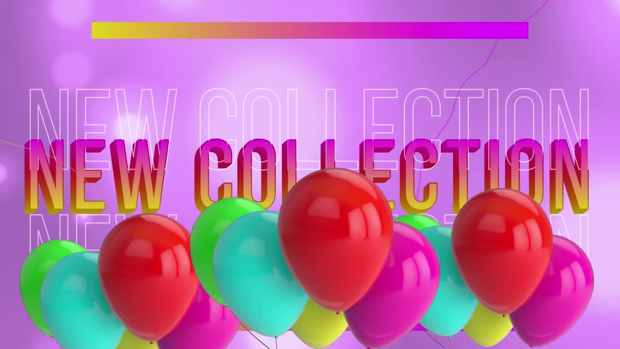 Animation of colorful balloons over new collection banner against purple gradient background