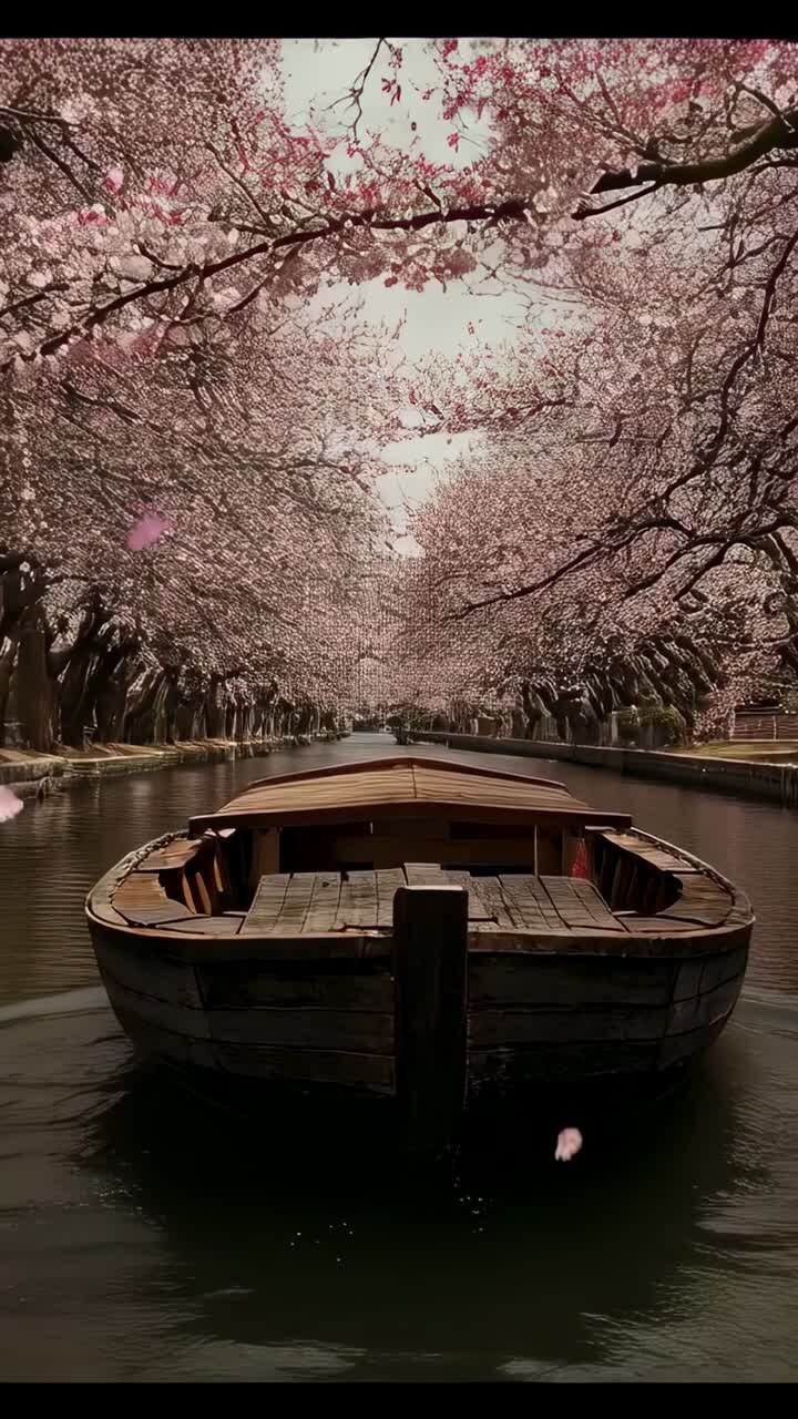 Video verticale: barca a remi di legno che scivola con la prua spinta dalla corrente lungo il canale, baldacchino fiorito