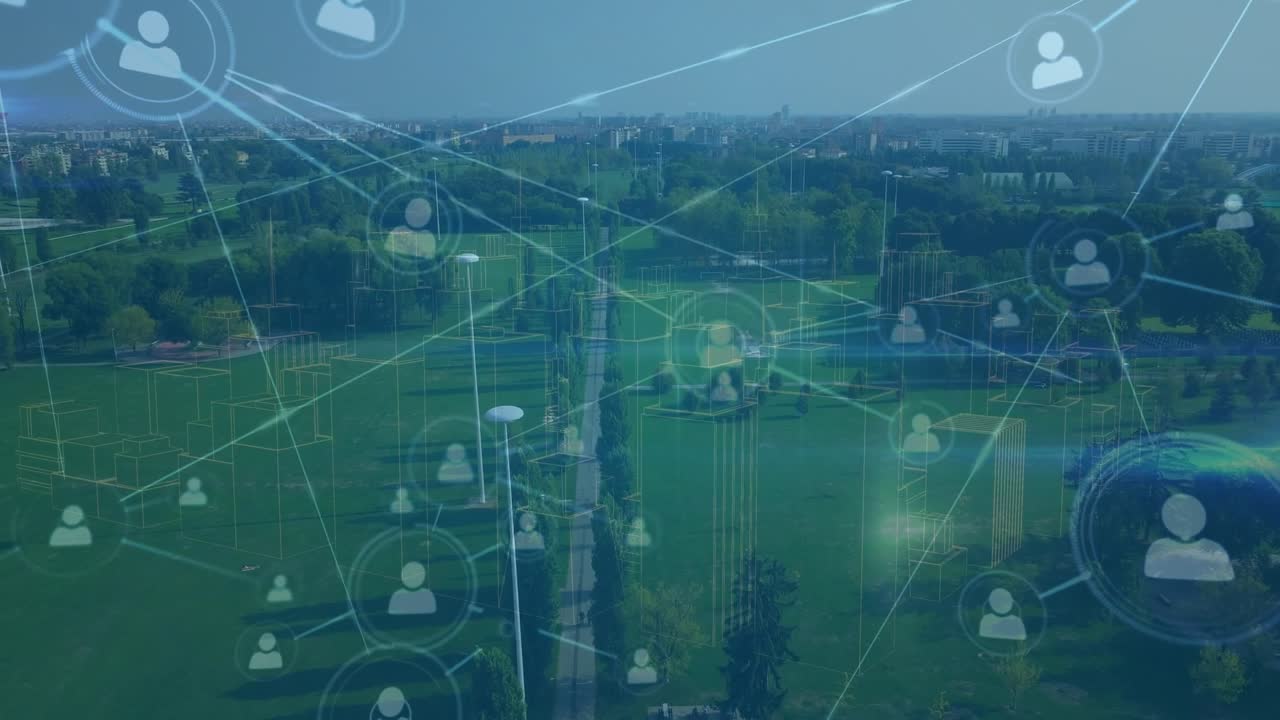 Animazione di rete di connessioni su paesaggio urbano