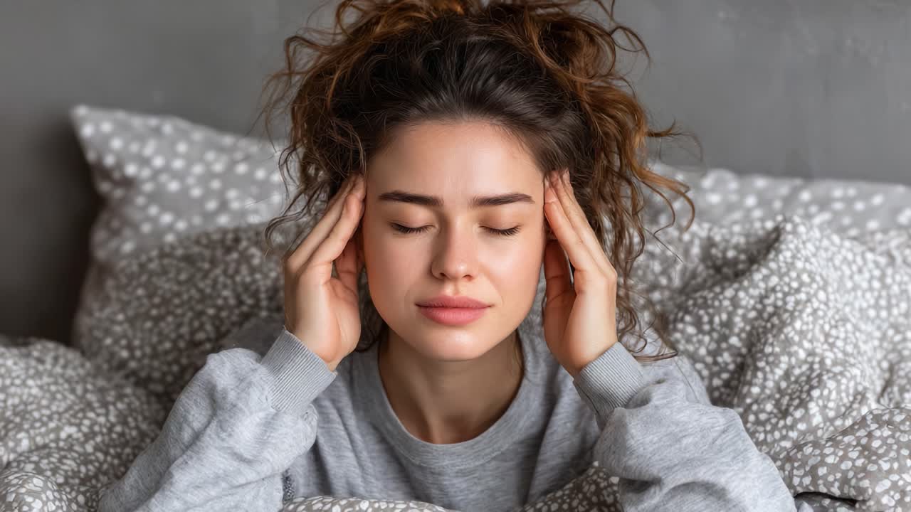 A Young Woman with Curly Hair in Bed Rubbing Her Temples, Expressing Signs of Stress or Discomfort, Set Against a Comfortable Gray Backdrop with Soft Bedding