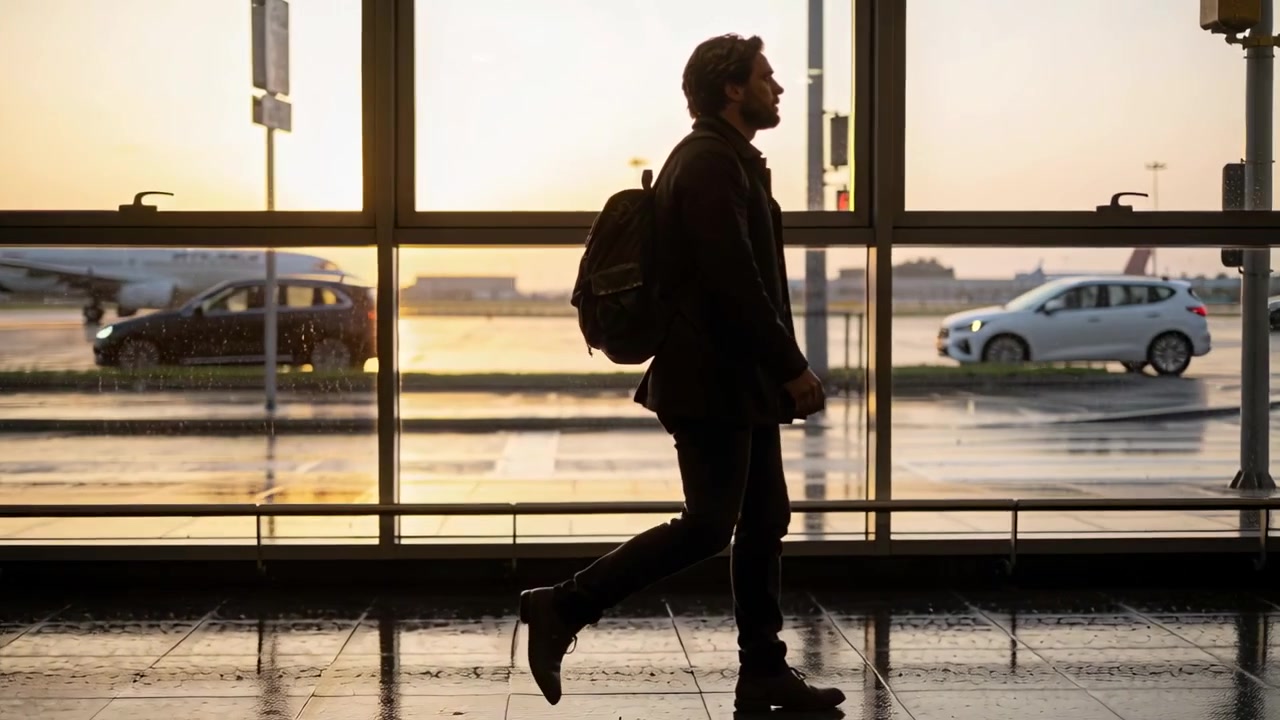 Un voyageur en manteau, sac à dos, entre par la gauche et marche à grands pas dans le terminal vers la porte d'embarquement, avec des avions à l'extérieur