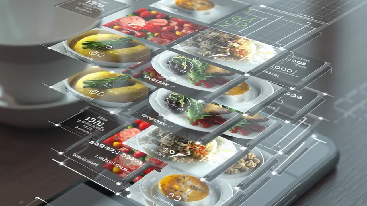 Smartphone-app viser madmenu med farverige retter og valgmuligheder.