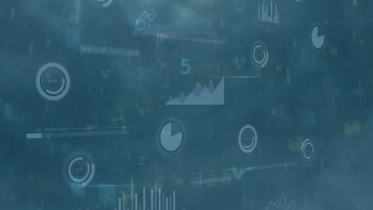 Animation of network of connections with icons and data processing on clouds on sky