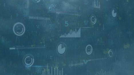 Animation-of-network-of-connections-with-icons-and-data-processing-on-clouds-on-sky