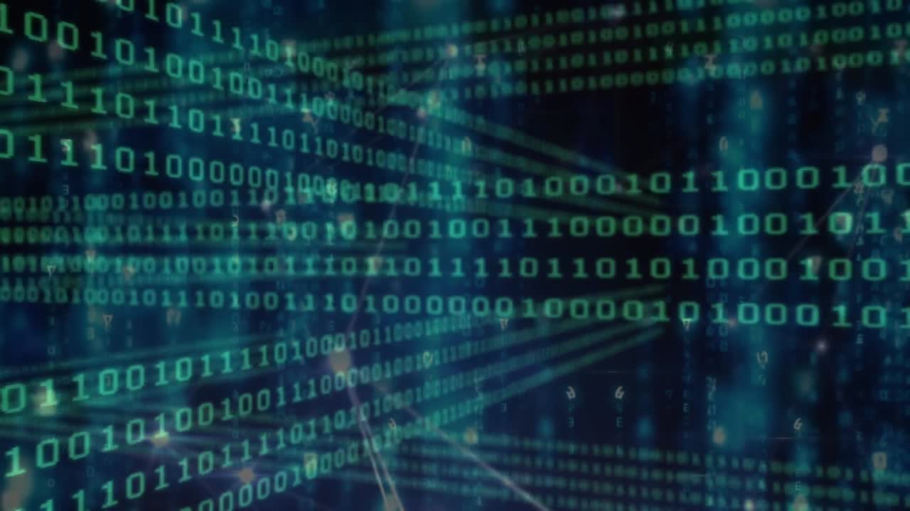 Animation of moving binary codes over dots connected with lines against abstract background