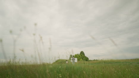 a back view of a painter, wearing a hat and checkered shirt, is focused on painting on a board in the middle of a lush grass field under a cloudy sky. nearby, a woman sits comfortably on a chair