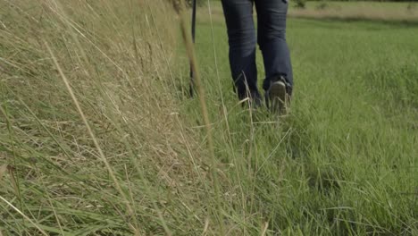 woman walks in countryside with a walking stick