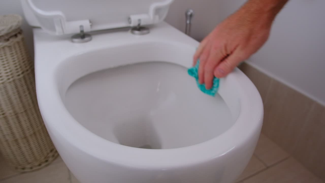 Wiping toilet bowl with green cleaning cloth