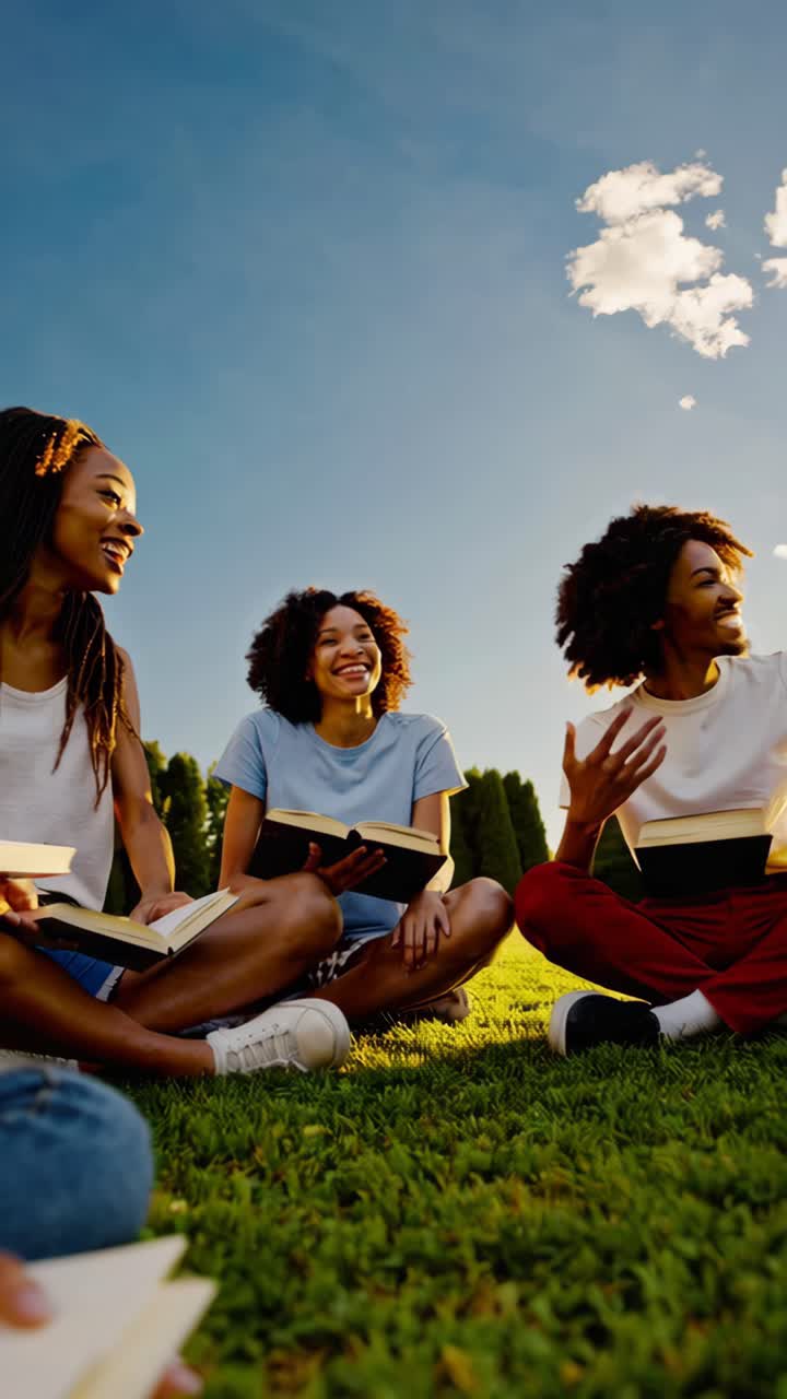 A vibrant video still of friends sitting on grass, reading and laughing
