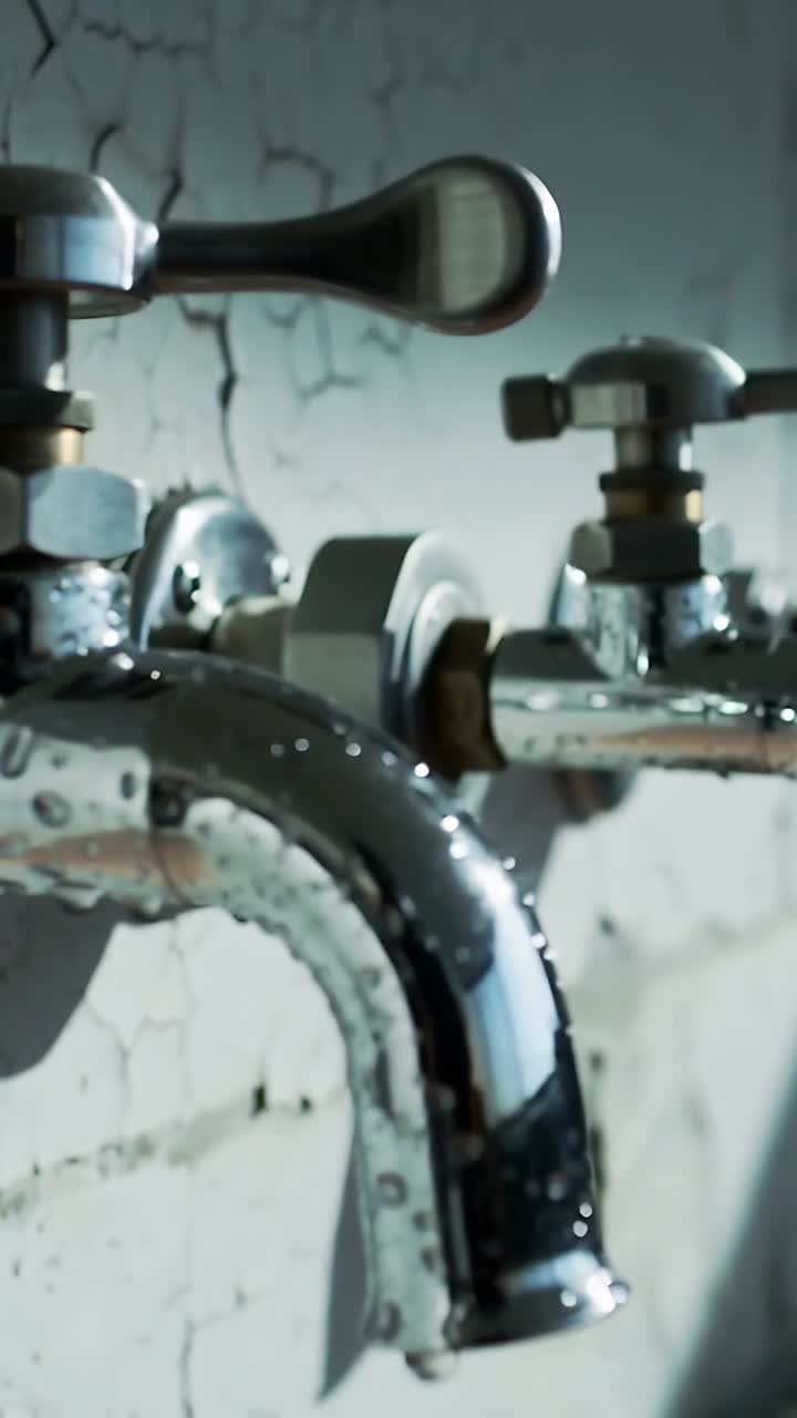 Vídeo vertical: Revelando bico cromado em parede rachada enquanto a câmera recua, com uma gota caindo