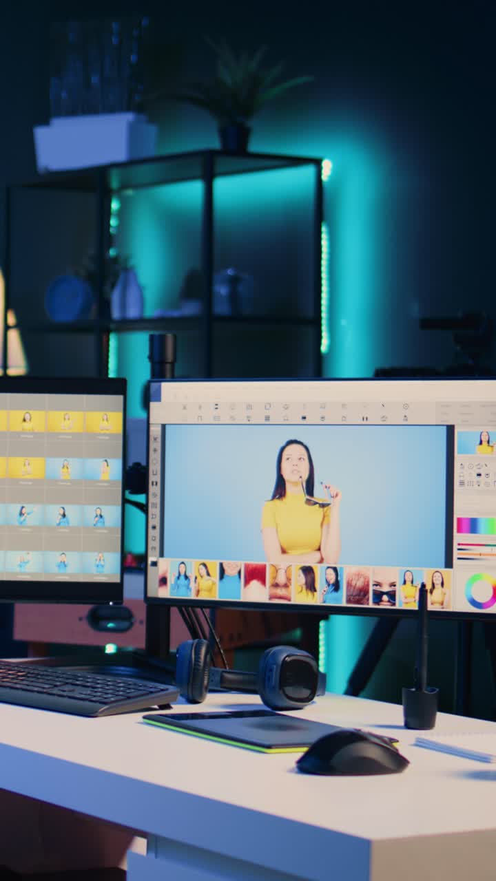 Vertical video Photo retouching software interface on computer in empty freelancing apartment studio