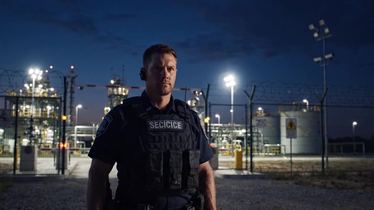 A Security Officer Patrols the Perimeter of a High-Tech Industrial Facility at Dusk, Ensuring Safety and Vigilance in a Critical Infrastructure Environment