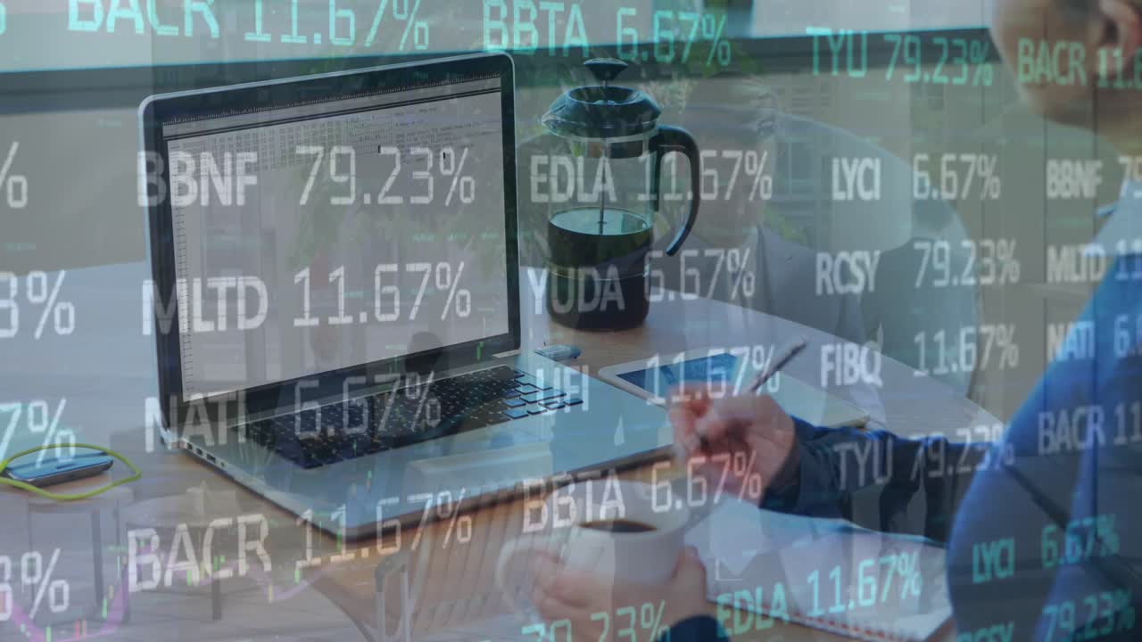 Animation of financial data processing on caucasian woman drinking coffee and taking notes at office