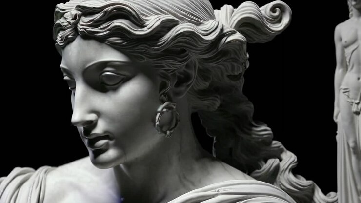 Close-up video of a classical marble statue&#039;s face, showcasing intricate details and elegant curls