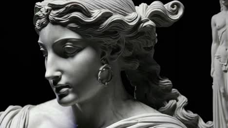 close-up video of a classical marble statue's face, showcasing intricate details and elegant curls