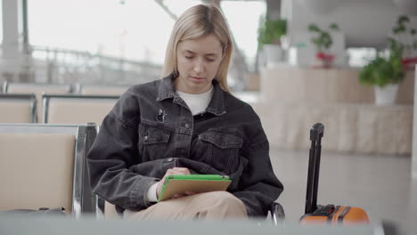 mujer esperando en el aeropuerto con una tableta