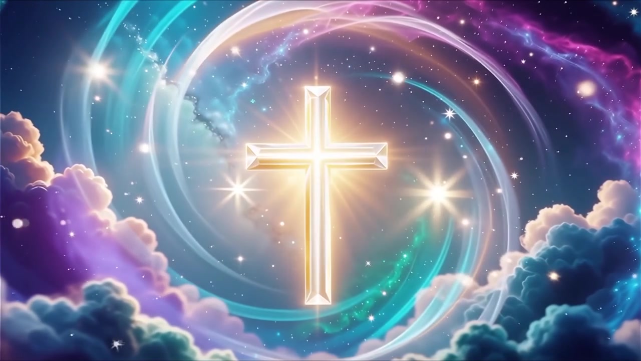 キリスト教の十字架と神聖な光が輝く礼拝用背景。