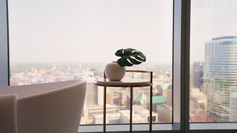 a small plant sits on a table beside a free-standing tub in a high-rise loft with stunning city views