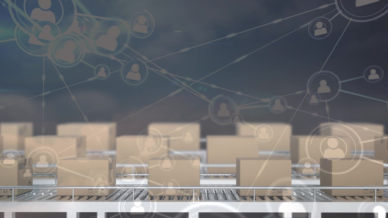 Animation of network of connections and clouds over boxes on conveyor belt
