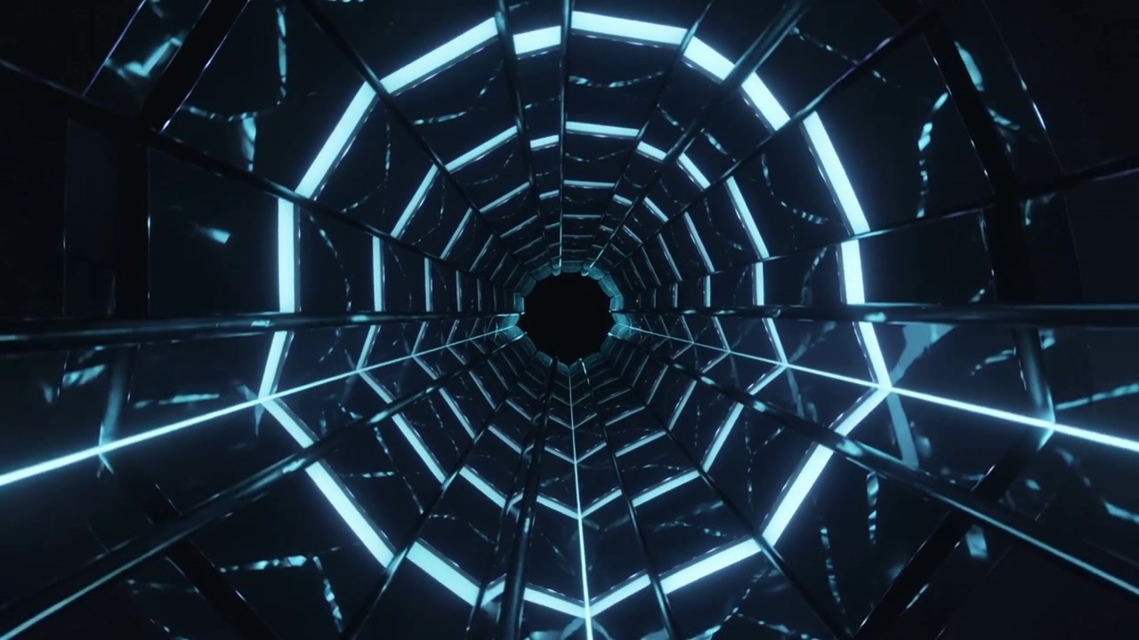 Starting camera forward drift, hexagonal tunnel revealing central black aperture with cyan strips