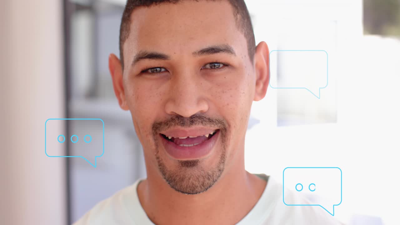 Man reacting to light blue chat bubbles appearing around chest, smiling and speaking for marketing