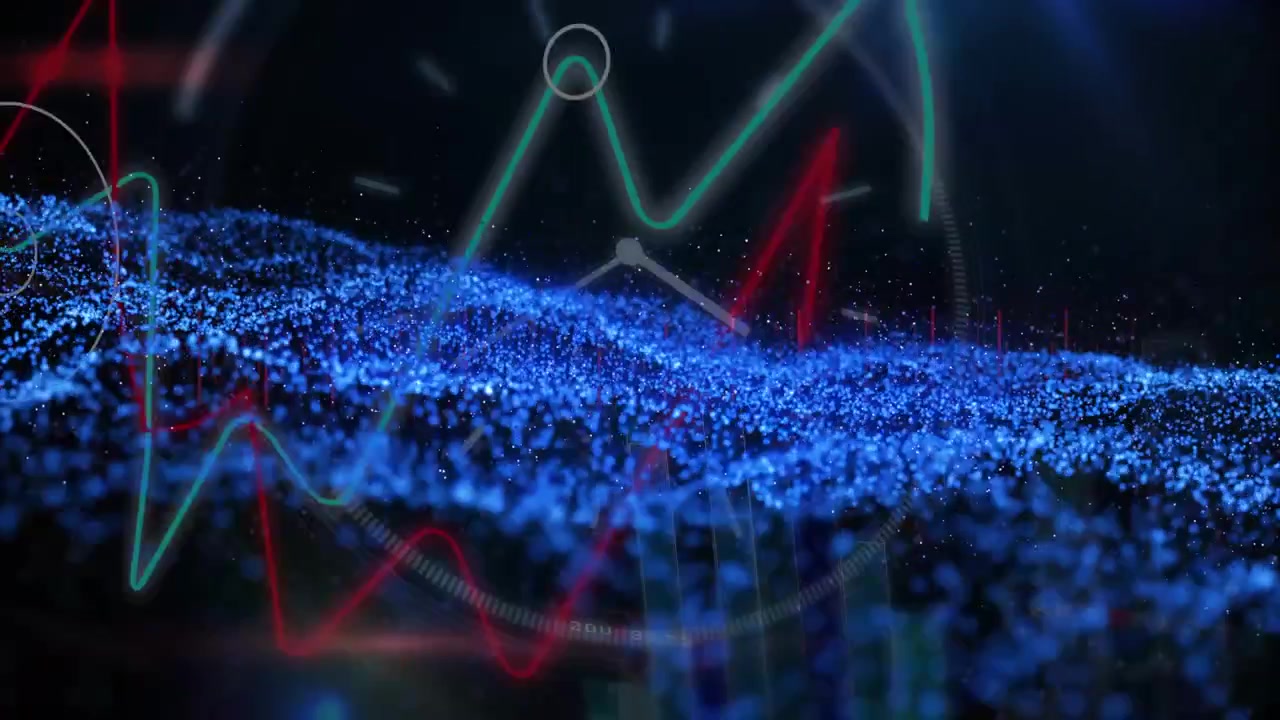 Animation of blue spots over data processing with clock on black background
