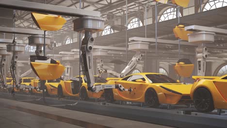 Modern,-automated-car-factory-manufacturing-supercars.-Robotic-arms-creating-slick,-exotic,-powerful-vehicles-in-a-long-assembly-line.-Fast,-efficient,-futuristic-automotive-engineering-and-production