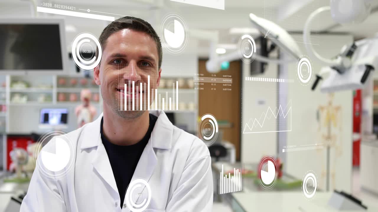 Camera pulling in, clinician rotating to camera with HUD charts shifting and showing medical data