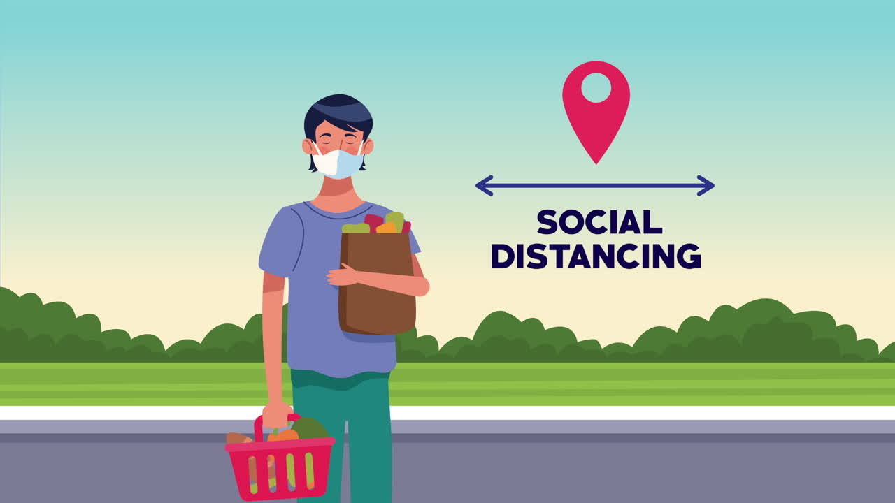 campaña de distanciamiento social con clientes masculinos del supermercado