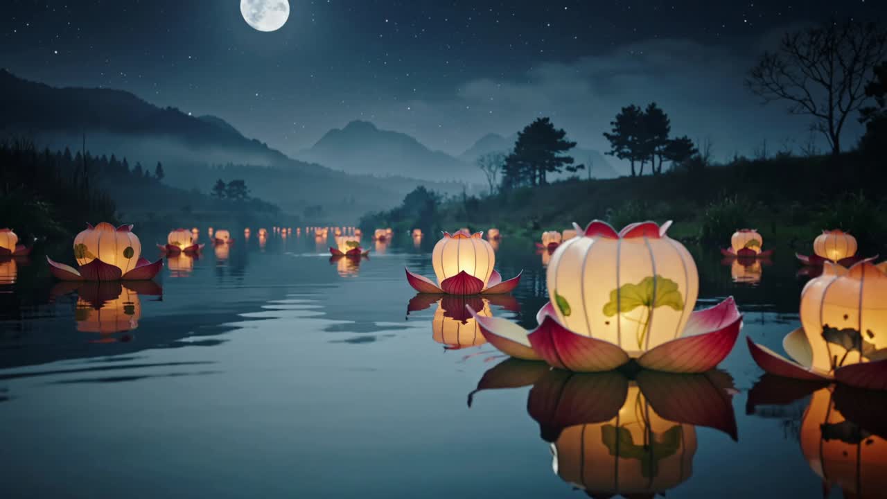 Brezza che spinge lanterne di loto alla deriva sul lago nella valle, creando increspature e riflessi al chiaro di luna