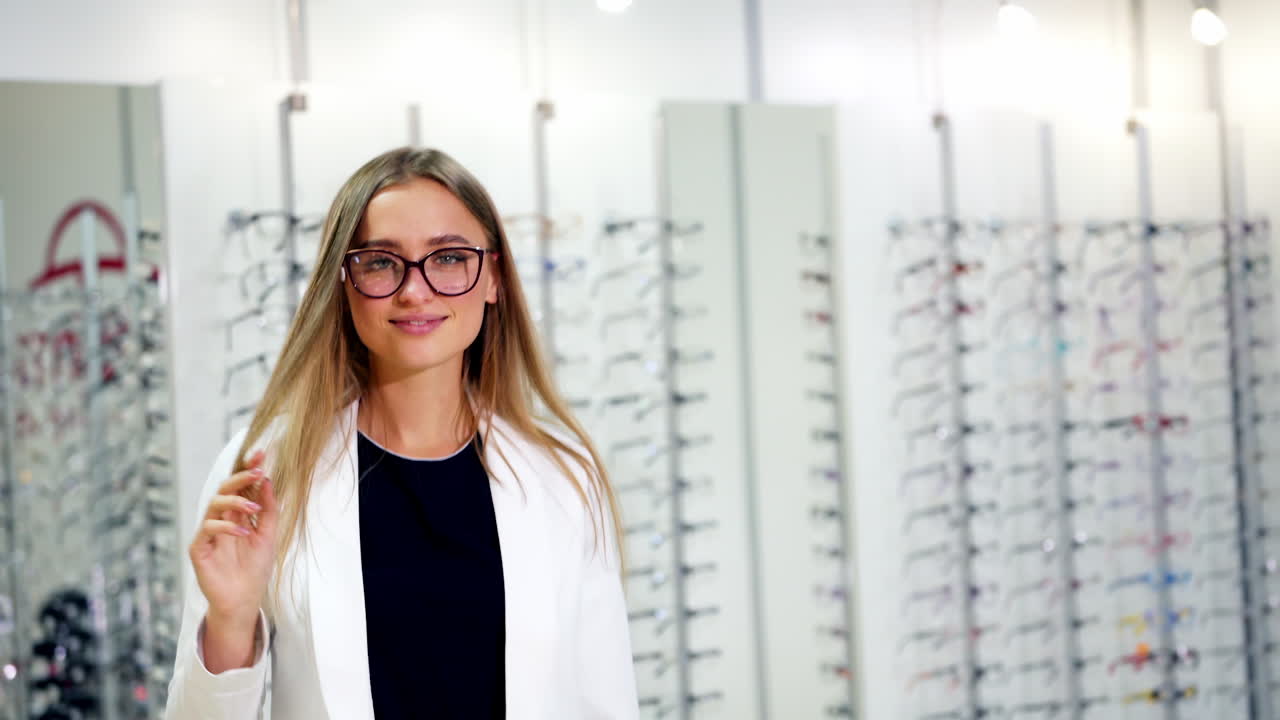 Woman wear eyeglasses in the store. Beautiful young woman shopping and select sunglasses