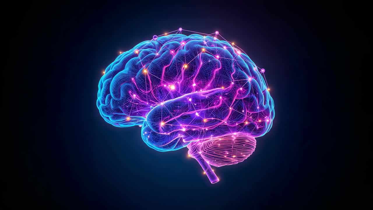 Starting neon brain rotating in dark space, revealing neural pathways, glowing nodes, cerebellum