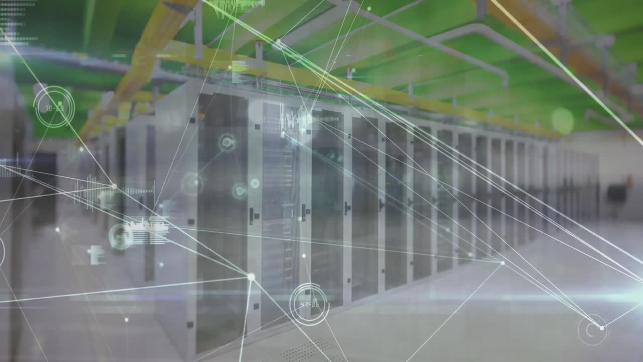 animación de puntos conectados con iconos de gráficos sobre bastidores de servidores de datos en la sala de servidores