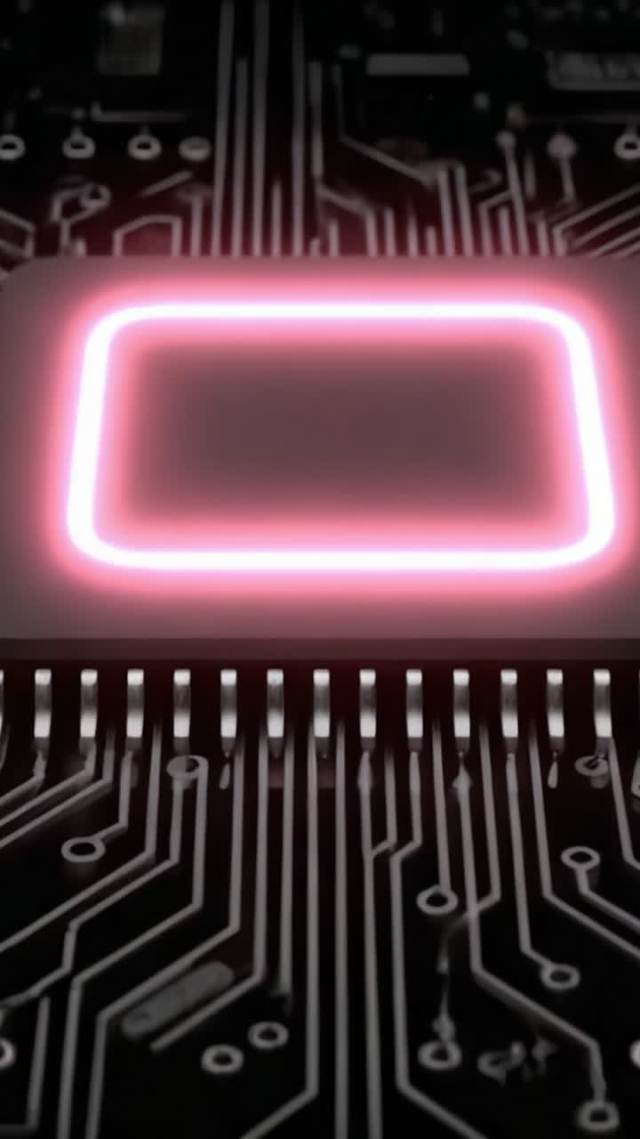 Close-Up Views of a Glowing Microchip with Neon Outline Highlighting Circuitry and Technology in a Modern Electronic Environment