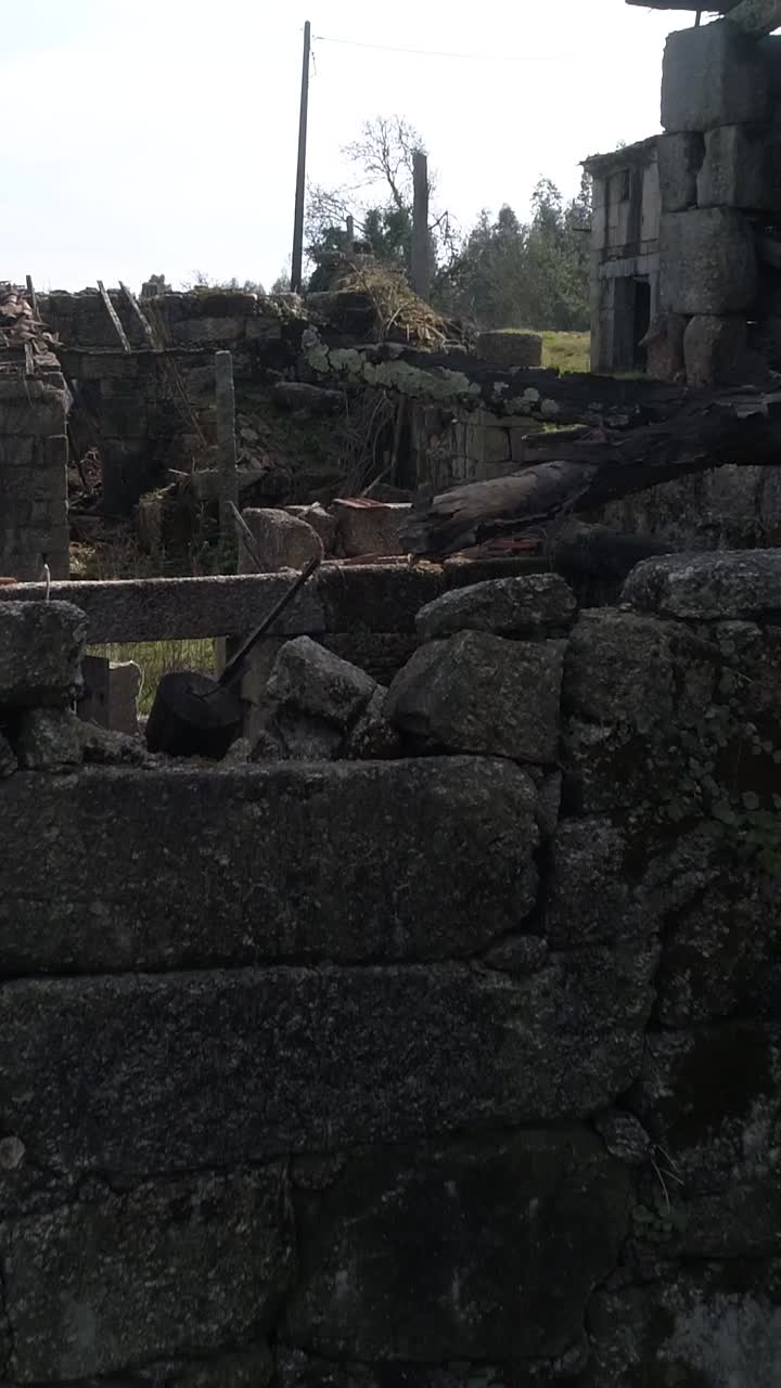 Aerial abandoned house. Buildings ruins Vertical Video