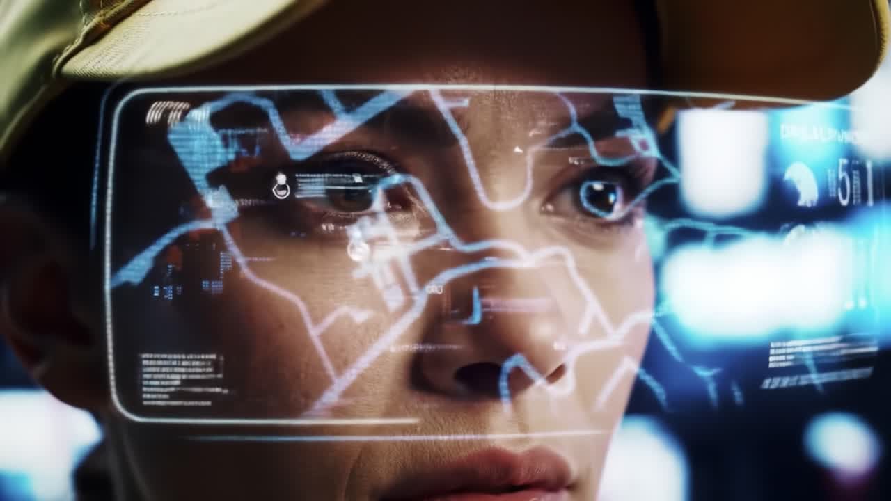 A person is engaged with cutting-edge augmented reality technology, showcasing its applications in a high-tech environment. The vivid interface enhances interaction and communication.