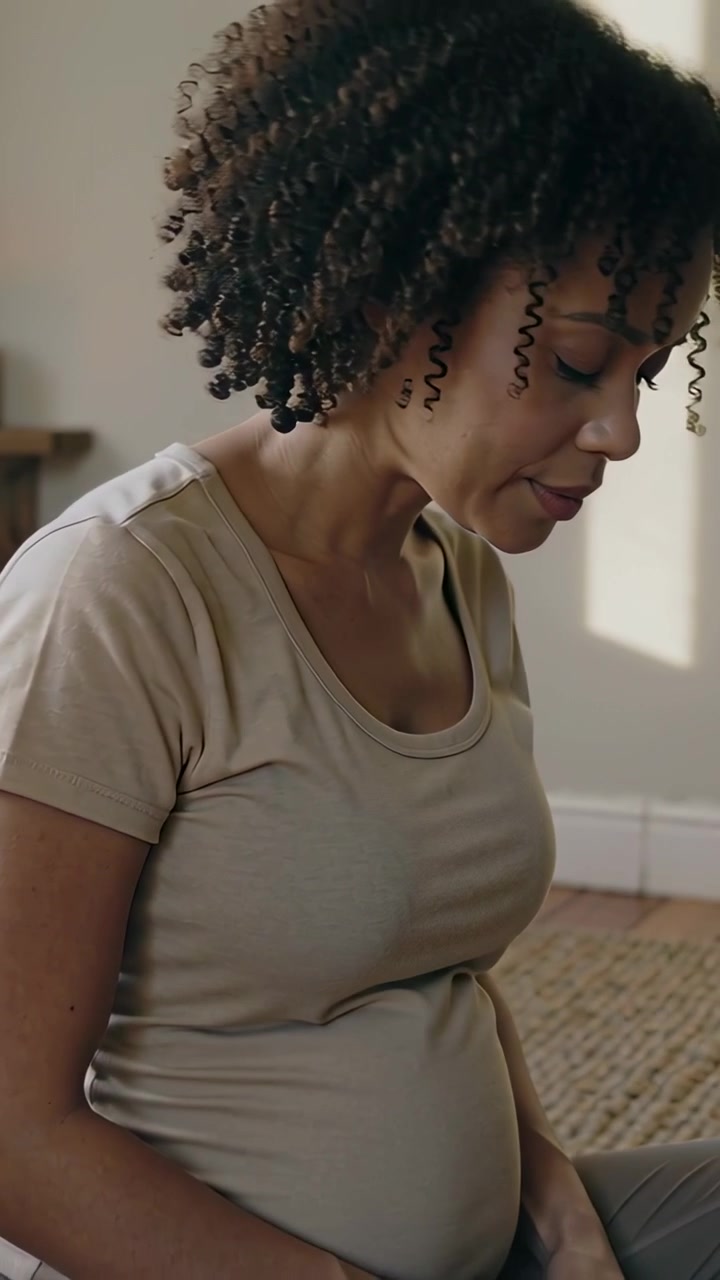Vertical video: Breathing pregnant woman in beige tee leaning on floor, hands resting on belly