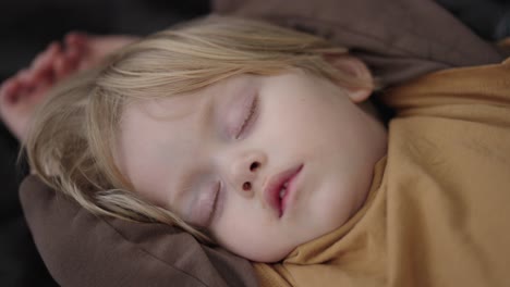 capturar la serenidad de un niño caucásico de 3 años, en un primer plano, durmiendo pacíficamente en un cómodo sofá de cuero negro