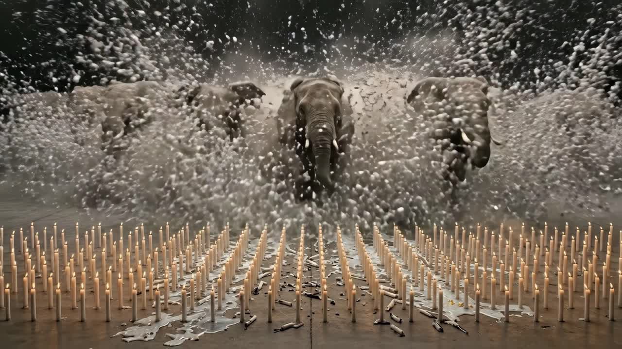 Kraftfulde elefanter stormer gennem tændte lys i slowmotion