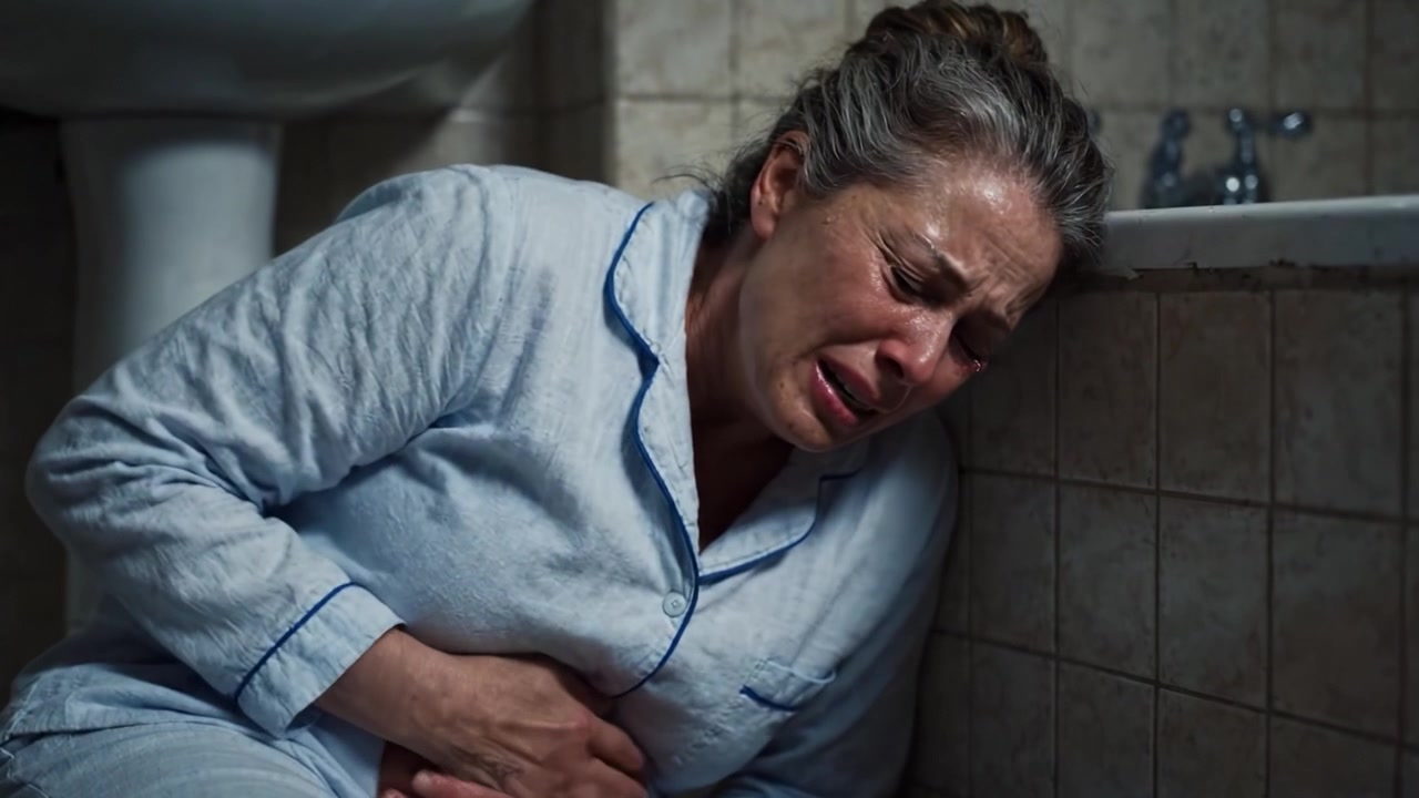 Un Momento Straziante: La Lotta di una Donna con un Dolore Insopportabile, Catturata Emotivamente in una Scena in Bagno che Riflette Vulnerabilità e Angoscia in Mezzo alla Sofferenza.