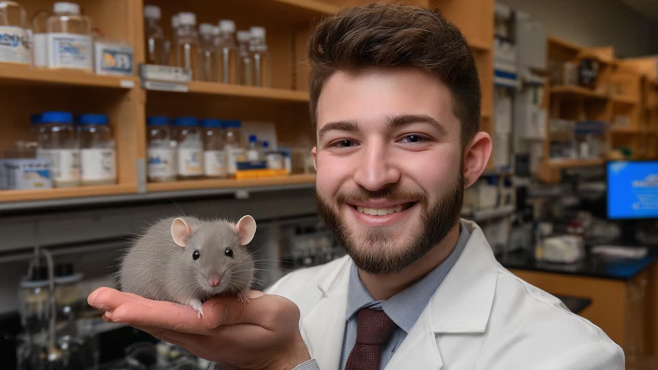 A Dedicated Researcher Smiling with a Gray Rat in a Laboratory Setting: A Moment Captured Between Science and Connection