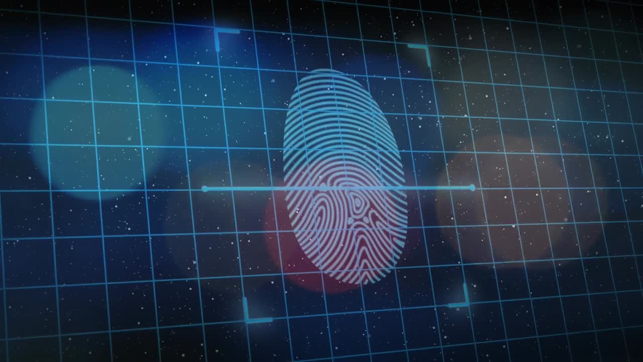 animación de los iconos de candado de seguridad y el escáner biométrico de huellas dactilares contra puntos de luz