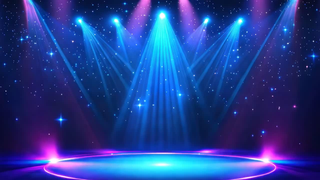 A vibrant stage with colorful spotlights and starry background, captured from a low angle