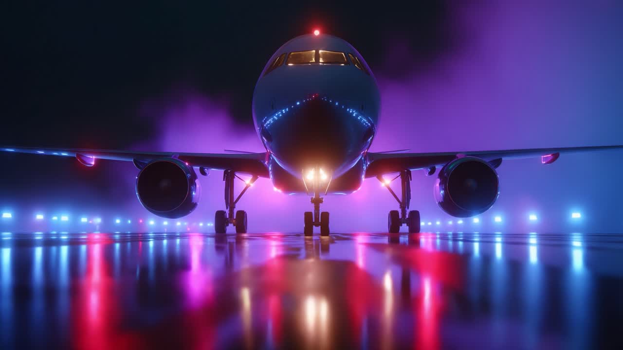A Stunning View of an Airplane Illuminated by Colorful Night Lights on the Runway, Showcasing its Intricate Design and Captivating Presence Against a Dramatic Foggy Background