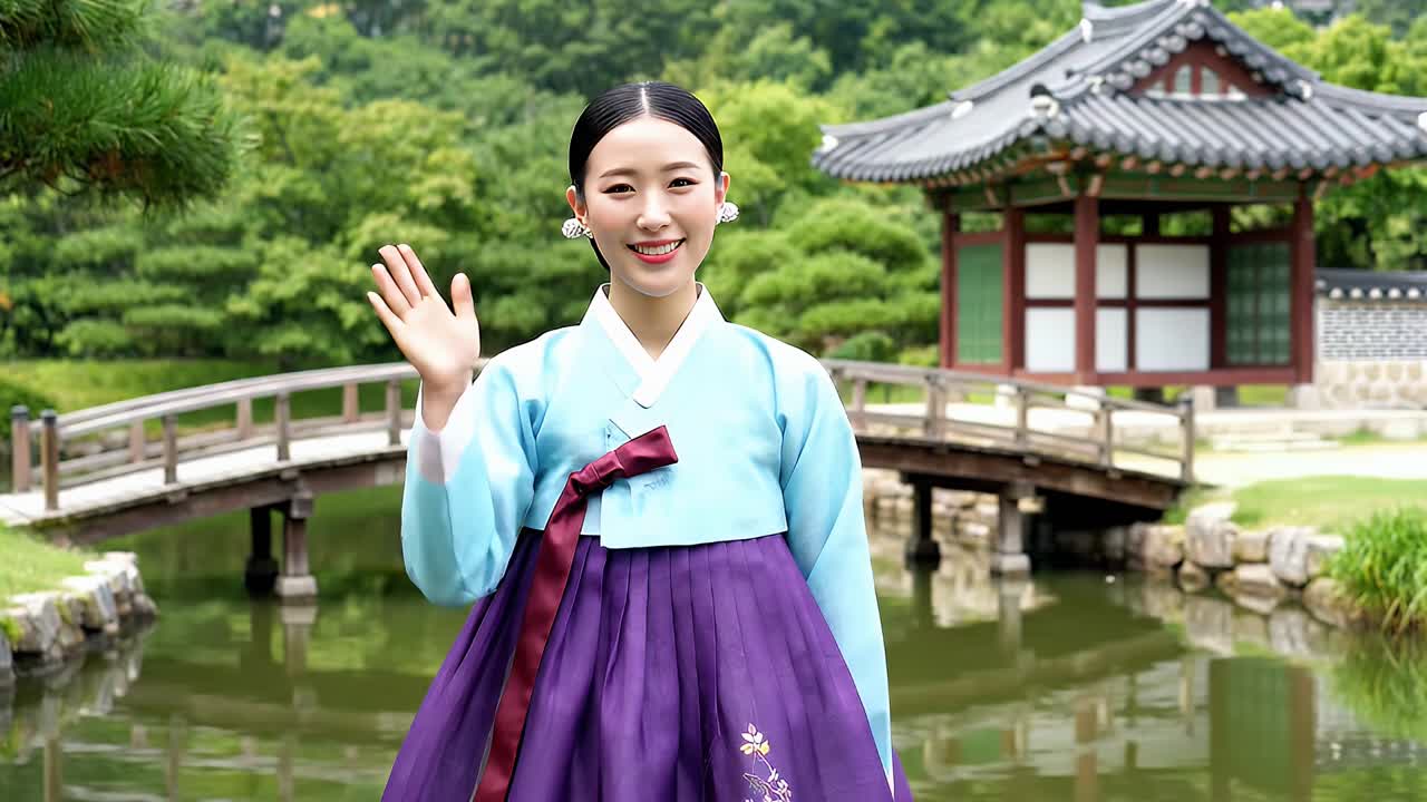 Happy Woman in Korean Hanbok Waving at a Traditional Garden