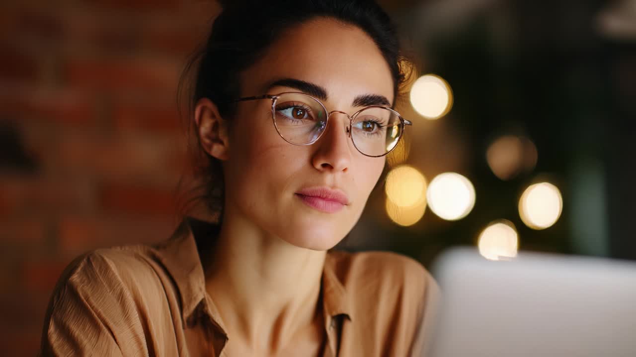 Uma mulher concentrada de óculos olha pensativamente enquanto trabalha no laptop, cercada por luzes bokeh aconchegantes que criam uma atmosfera convidativa e inspiradora para a criatividade e a produtividade