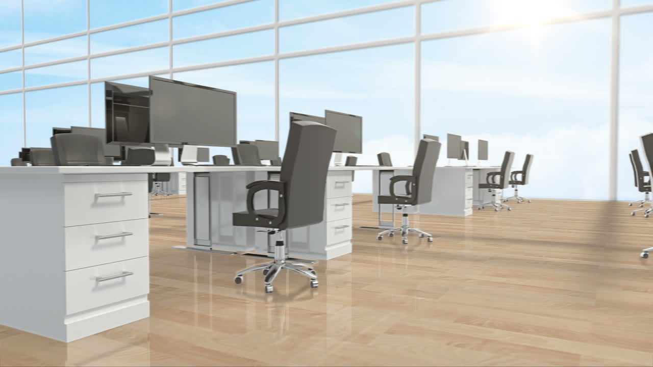 책상 과 컴퓨터 가 있는 비어 있는 사무실