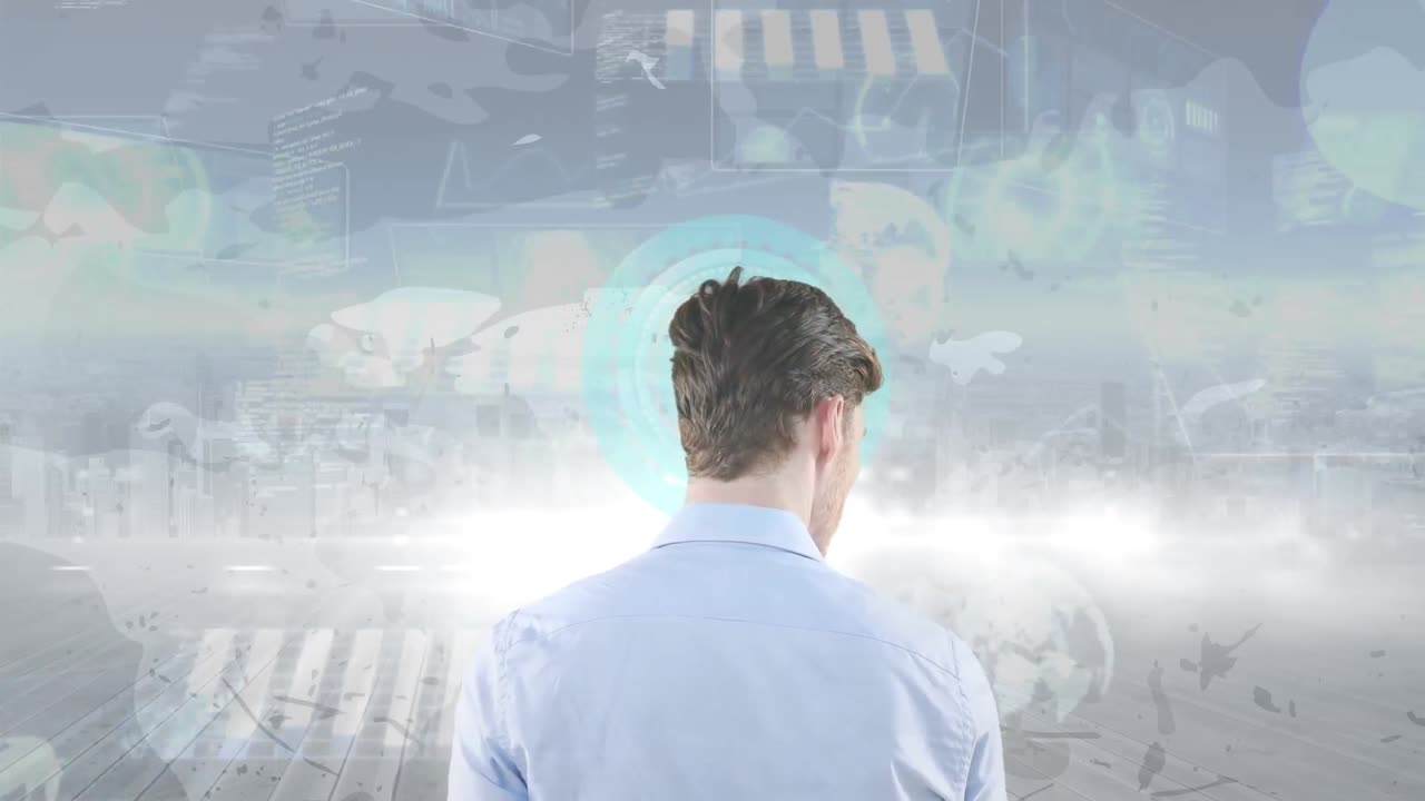 데이터 프로세싱과 도시 풍경에 대한 코카시아 사업가의 애니메이션